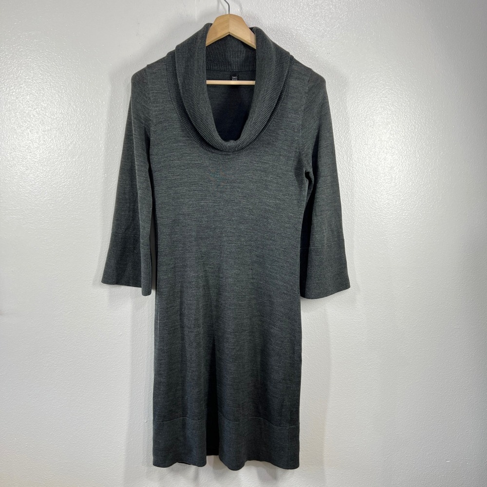 Saks Fifth Avenue Gray Cowl Neck Merino Wool Blend Knit Midi Dress Size Large